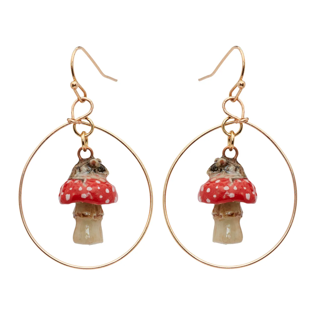 Mouse on Toadstool Round Hoop Drop Earrings