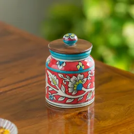 'Mughal Cylindrical' Floral Handpainted Multi-Utility Storage Jar & Container In Ceramic (Non-Airtight, 410 ML, 5.2 Inch)