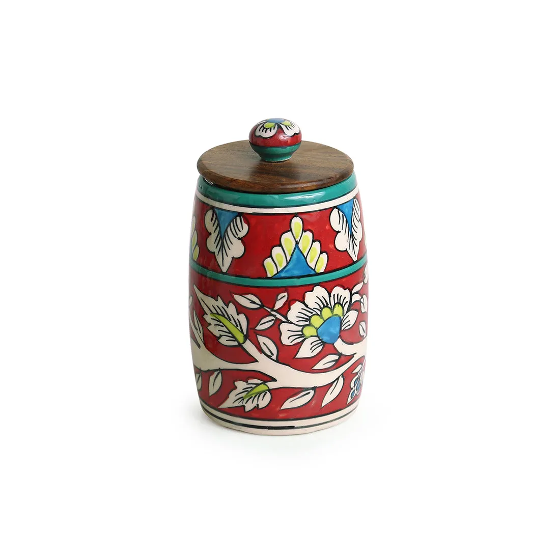 'Mughal Drum' Floral Handpainted Multi Utility Storage Jar & Container In Ceramic (Non-Airtight, 570 ML, 6.1 Inch)