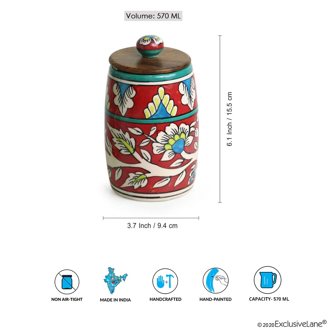 'Mughal Drum' Floral Handpainted Multi Utility Storage Jar & Container In Ceramic (Non-Airtight, 570 ML, 6.1 Inch)