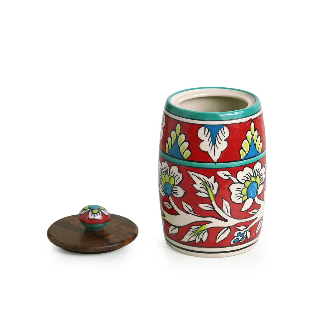 'Mughal Drum' Floral Handpainted Multi Utility Storage Jar & Container In Ceramic (Non-Airtight, 570 ML, 6.1 Inch)