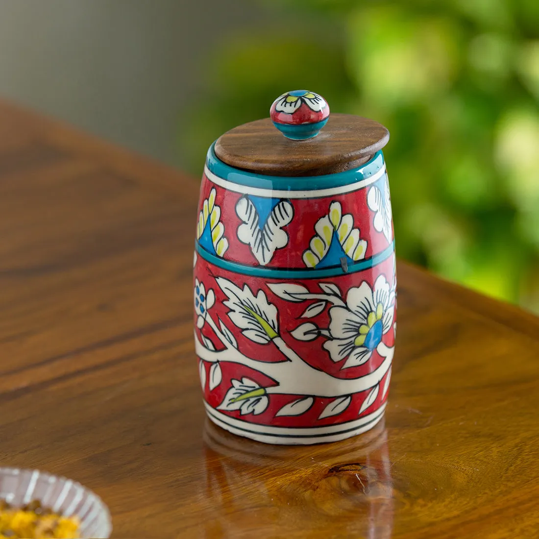 'Mughal Drum' Floral Handpainted Multi Utility Storage Jar & Container In Ceramic (Non-Airtight, 570 ML, 6.1 Inch)