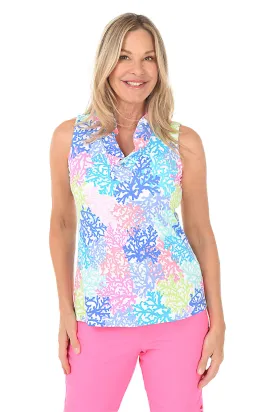 Neon Coral UPF50  Ruffle Sleeveless Top