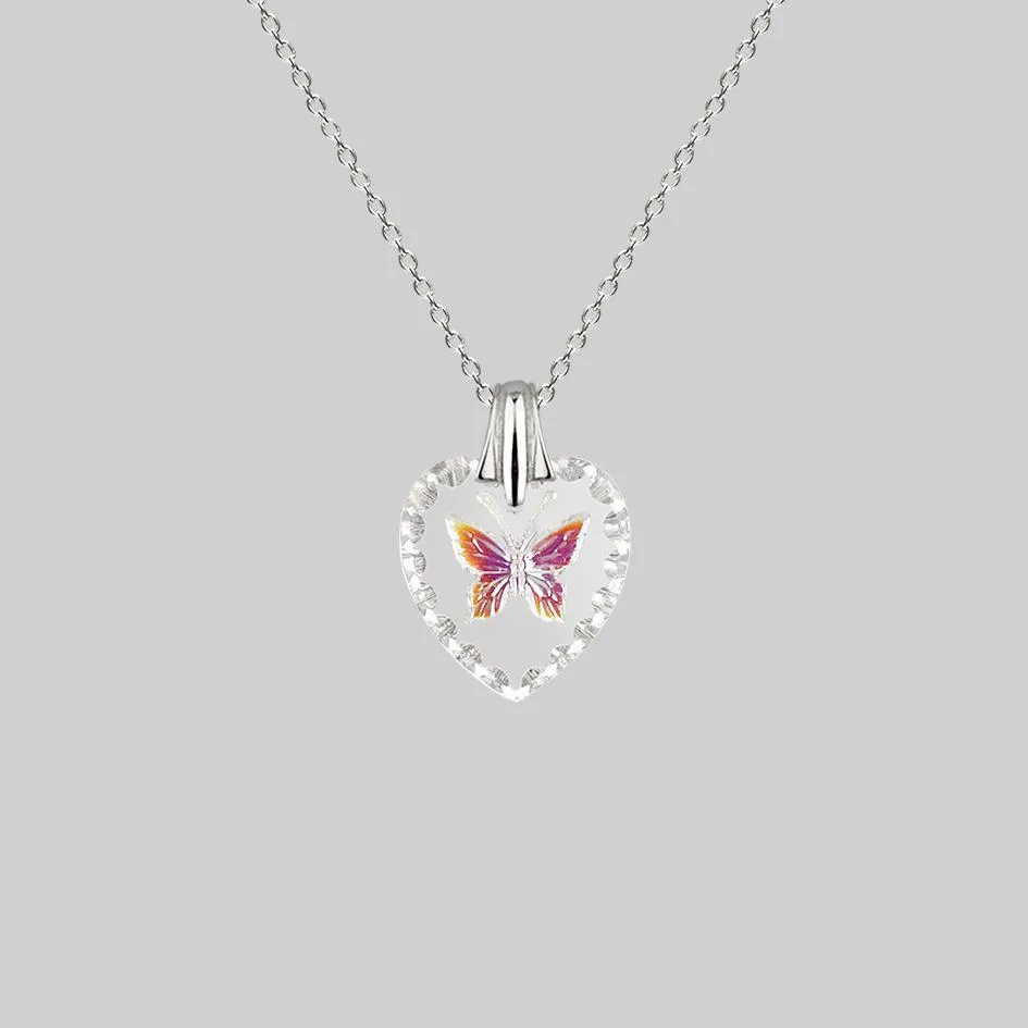 NEW DAWN. Butterfly Engraved Glass Heart Necklace - Silver