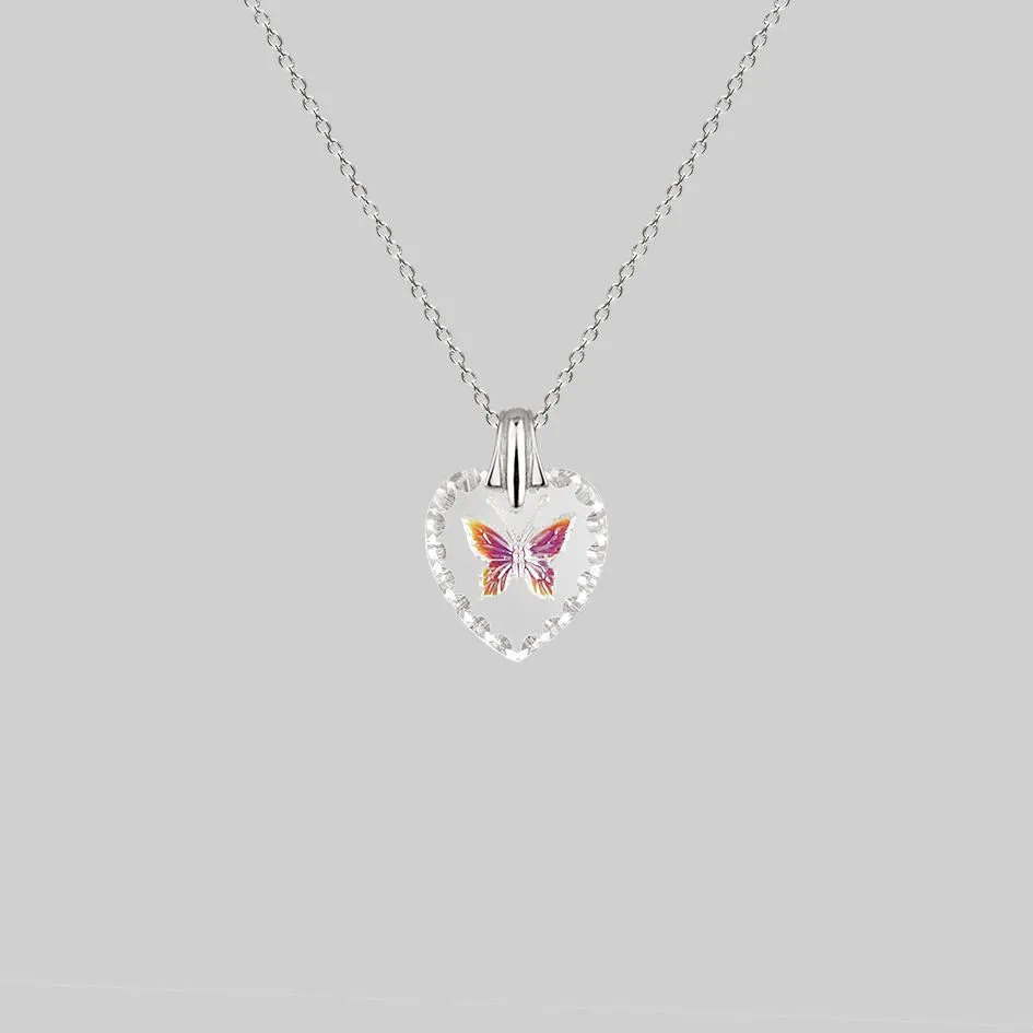 NEW DAWN. Butterfly Engraved Glass Heart Necklace - Silver