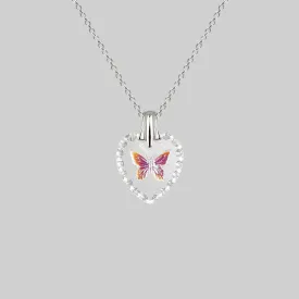 NEW DAWN. Butterfly Engraved Glass Heart Necklace - Silver