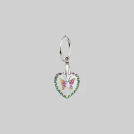 NEW DAWN. Butterfly Glass Heart Hoop Earrings - Silver