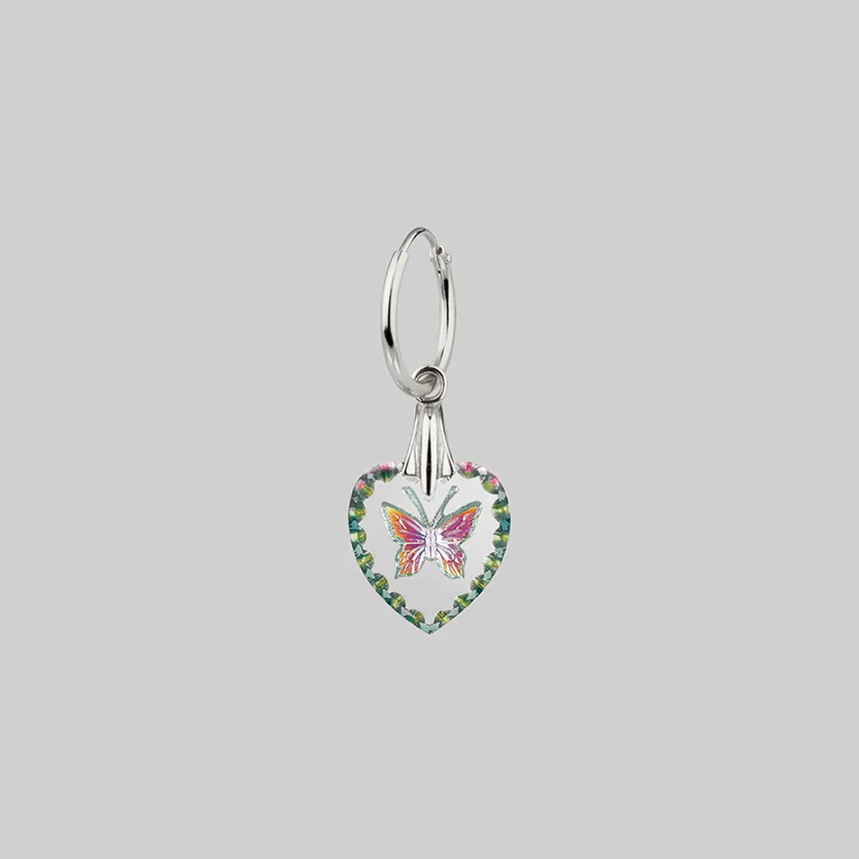 NEW DAWN. Butterfly Glass Heart Hoop Earrings - Silver