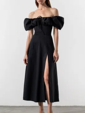 Off Shoulder Puff Sleeve Split Maxi Dress