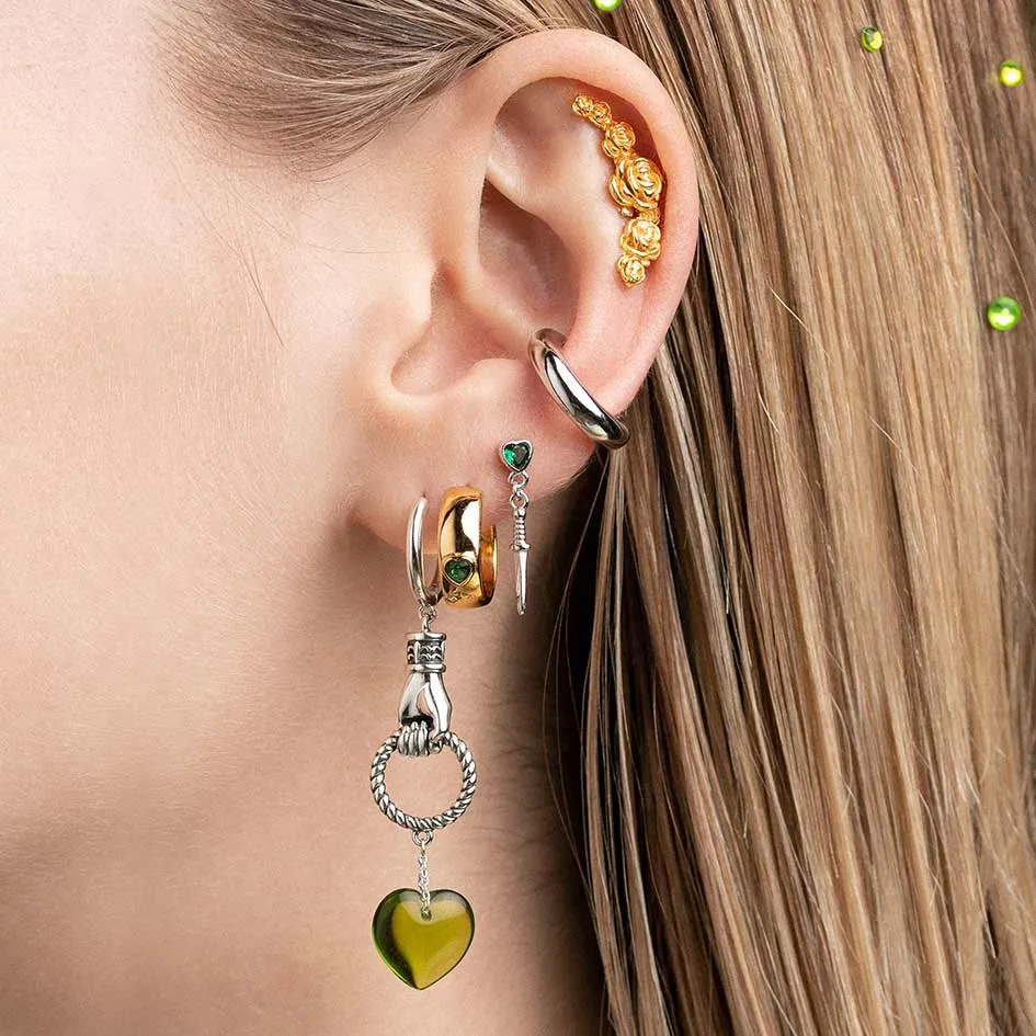 REIGN. Green Heart & Dagger Drop Earrings - Silver