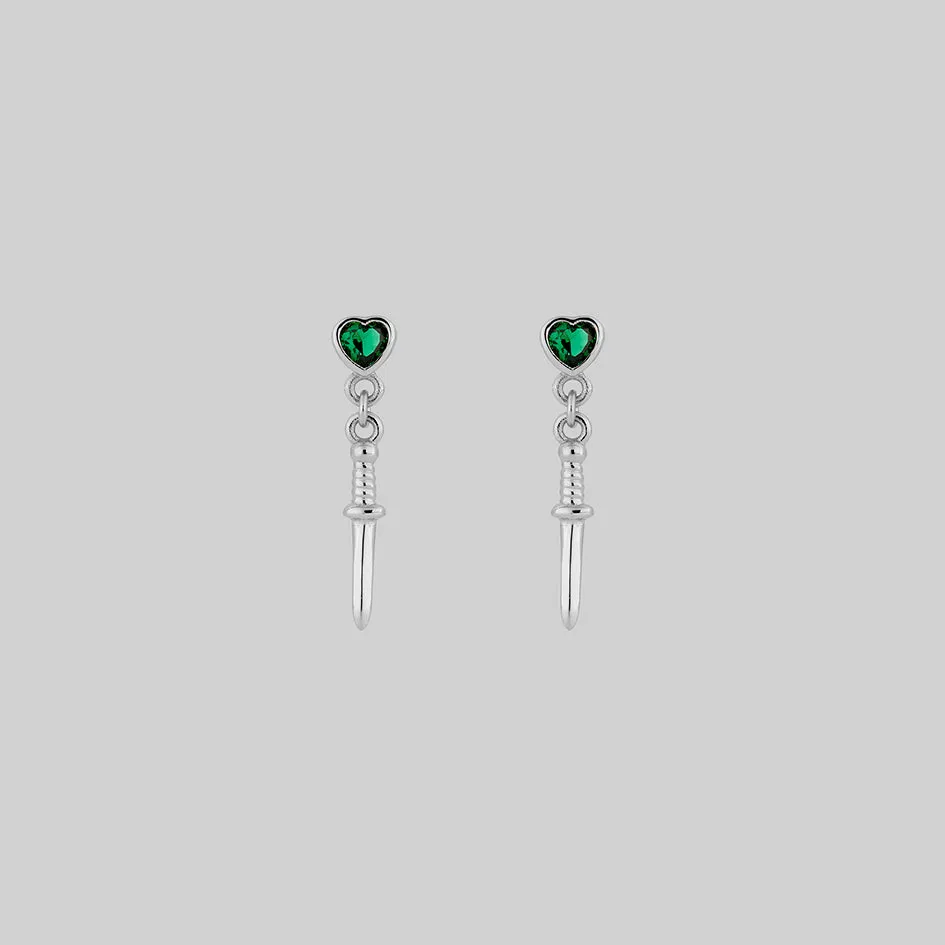 REIGN. Green Heart & Dagger Drop Earrings - Silver