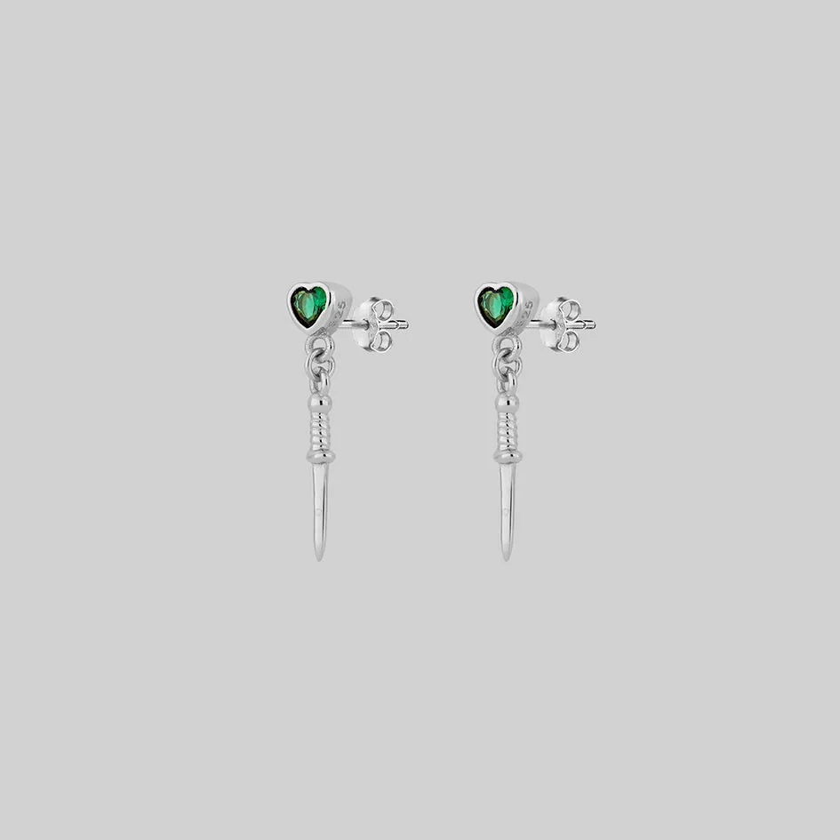 REIGN. Green Heart & Dagger Drop Earrings - Silver