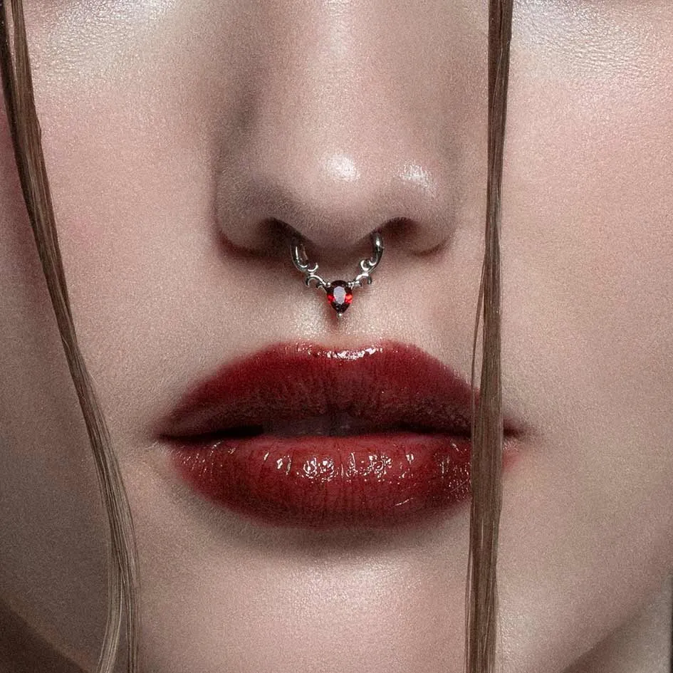 RELISH. Garnet Drop Septum Clicker Ring - Silver