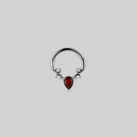 RELISH. Garnet Drop Septum Clicker Ring - Silver