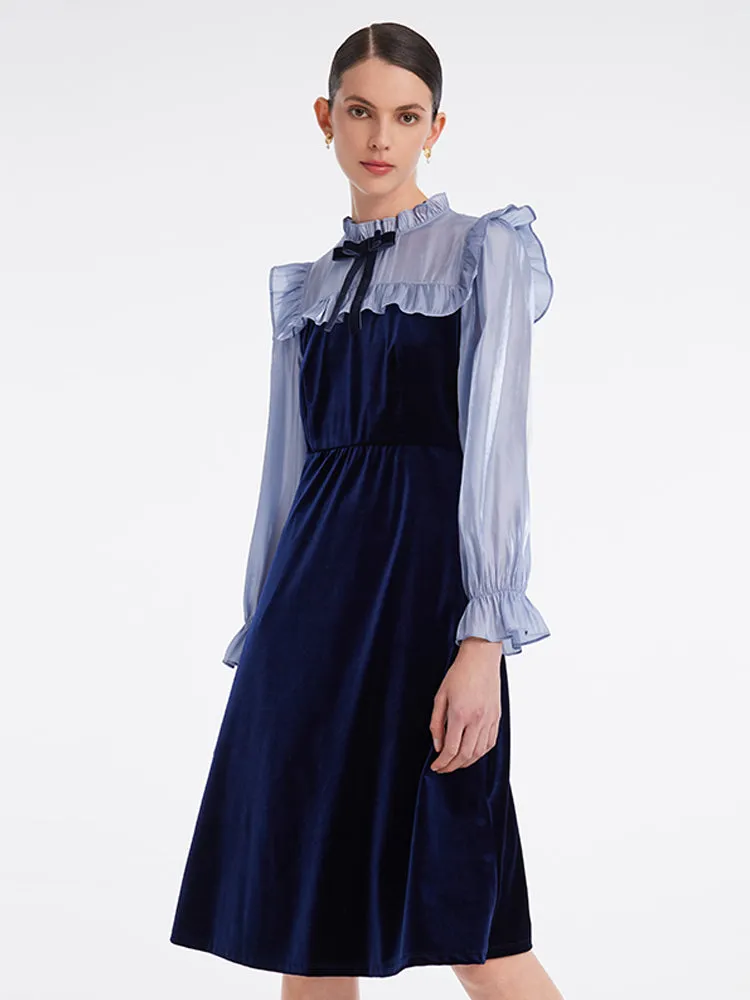 Ruffle Collar Velvet Patchwork Midi Collared Dress