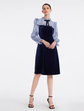 Ruffle Collar Velvet Patchwork Midi Collared Dress