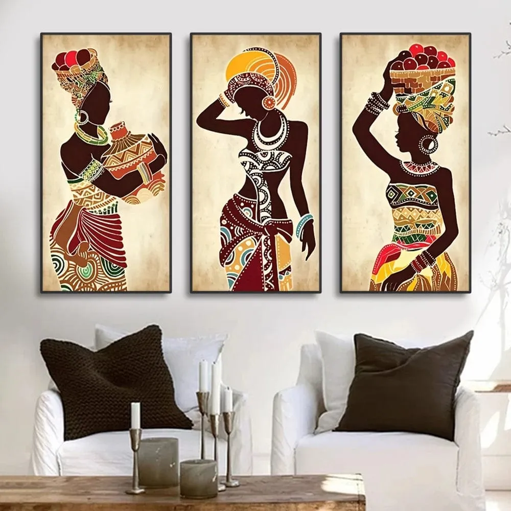 Set of 3 Ethnic African Black Woman Canvas Painting Prints