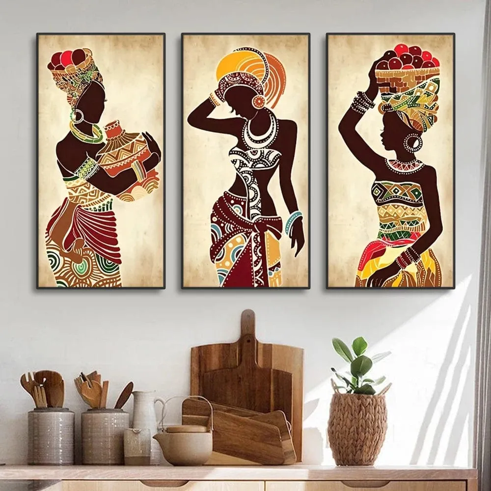 Set of 3 Ethnic African Black Woman Canvas Painting Prints