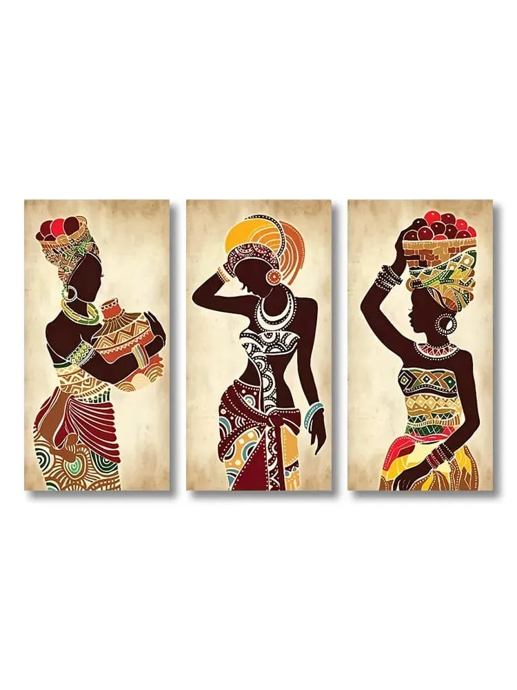 Set of 3 Ethnic African Black Woman Canvas Painting Prints