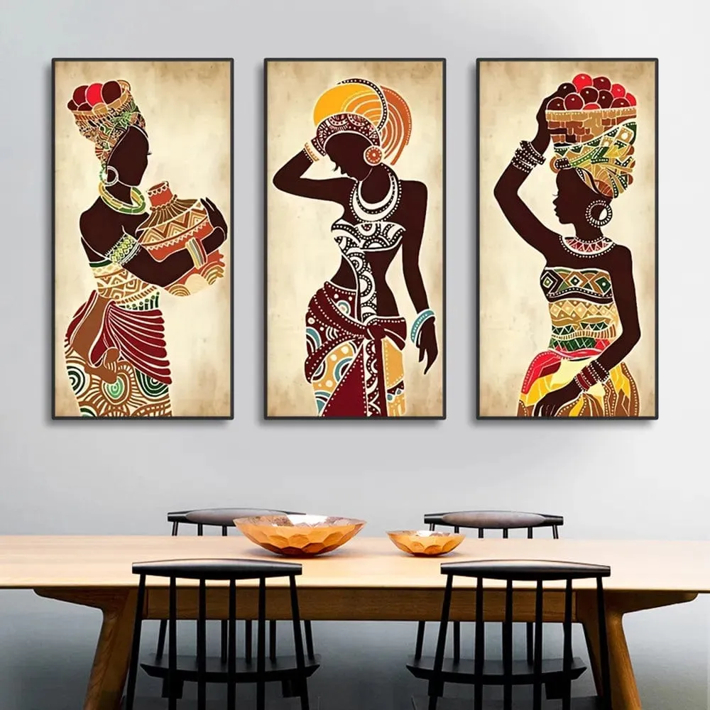 Set of 3 Ethnic African Black Woman Canvas Painting Prints