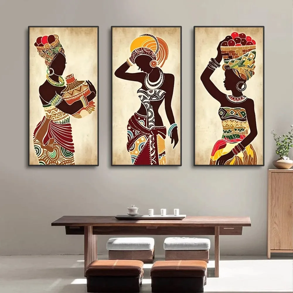 Set of 3 Ethnic African Black Woman Canvas Painting Prints