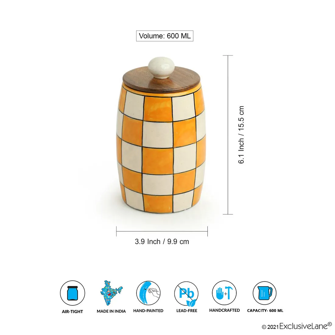 'Shatranj Checkered' Handpainted Multi-Purpose Storage Jars & Containers in Ceramic (Airtight, Set of 2, 600 ML, 6.1 Inch)