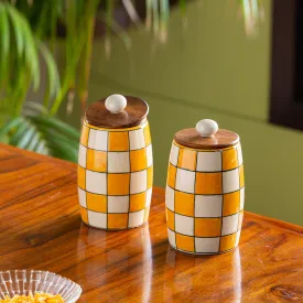 'Shatranj Checkered' Handpainted Multi-Purpose Storage Jars & Containers in Ceramic (Airtight, Set of 2, 600 ML, 6.1 Inch)