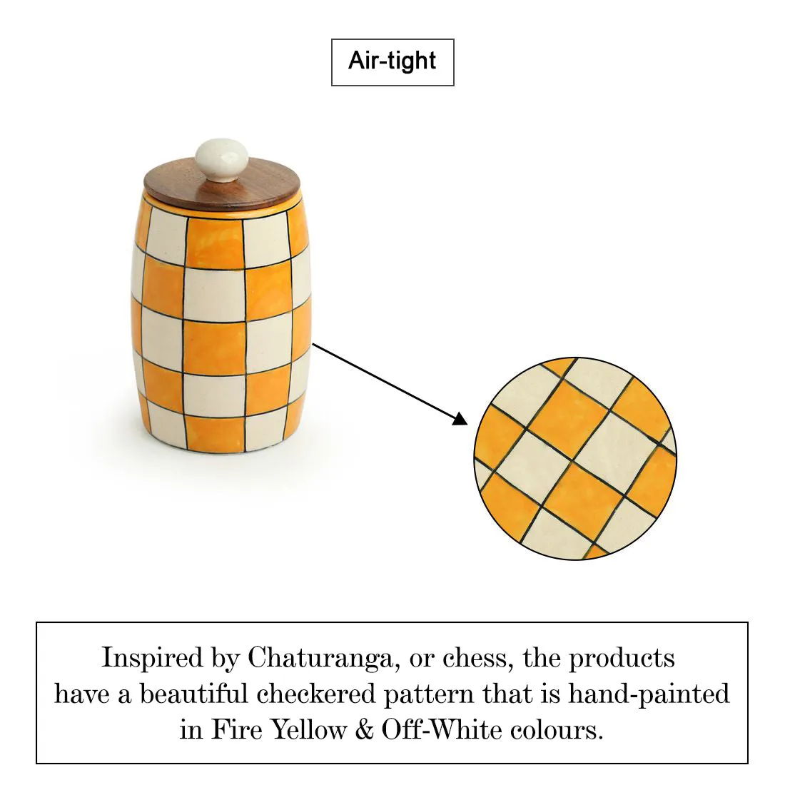 'Shatranj Checkered' Handpainted Multi-Purpose Storage Jars & Containers in Ceramic (Airtight, Set of 2, 600 ML, 6.1 Inch)