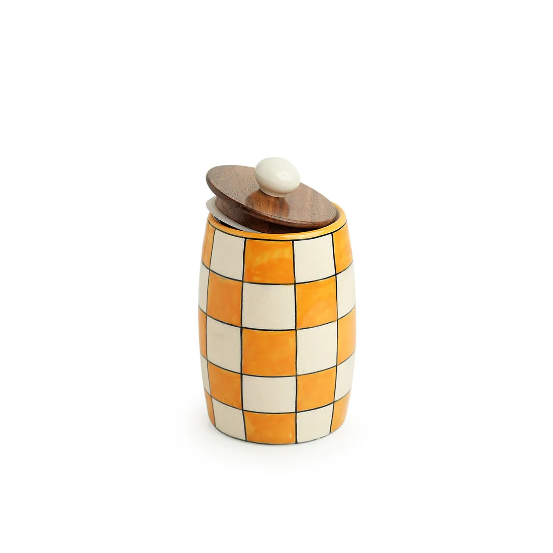 'Shatranj Checkered' Handpainted Multi-Purpose Storage Jars & Containers in Ceramic (Airtight, Set of 2, 600 ML, 6.1 Inch)