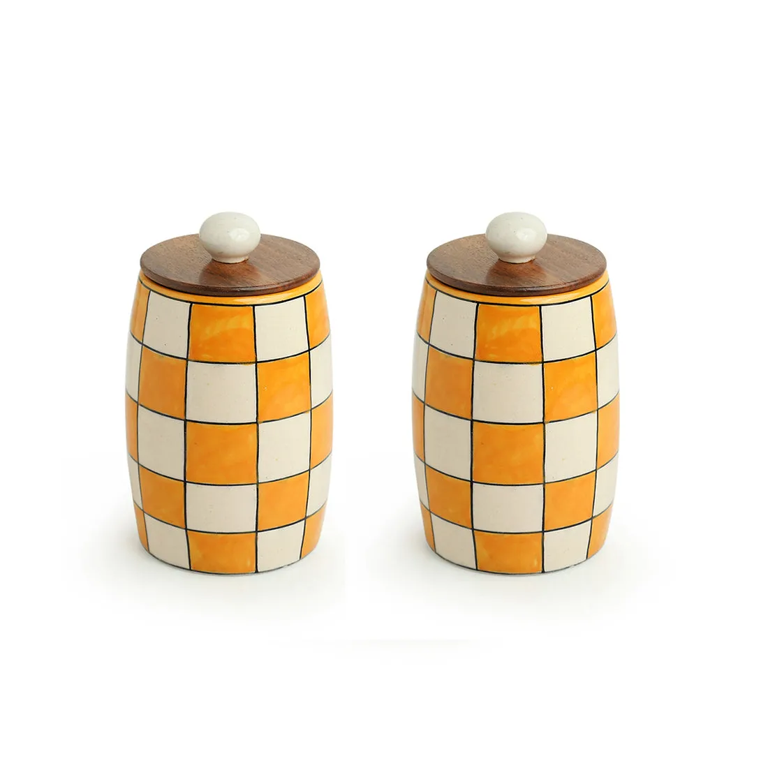 'Shatranj Checkered' Handpainted Multi-Purpose Storage Jars & Containers in Ceramic (Airtight, Set of 2, 600 ML, 6.1 Inch)