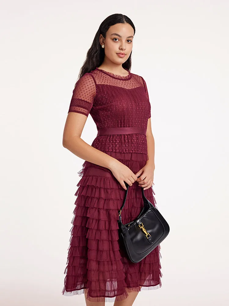 Short Sleeve Tulle Tiered Maxi Dress