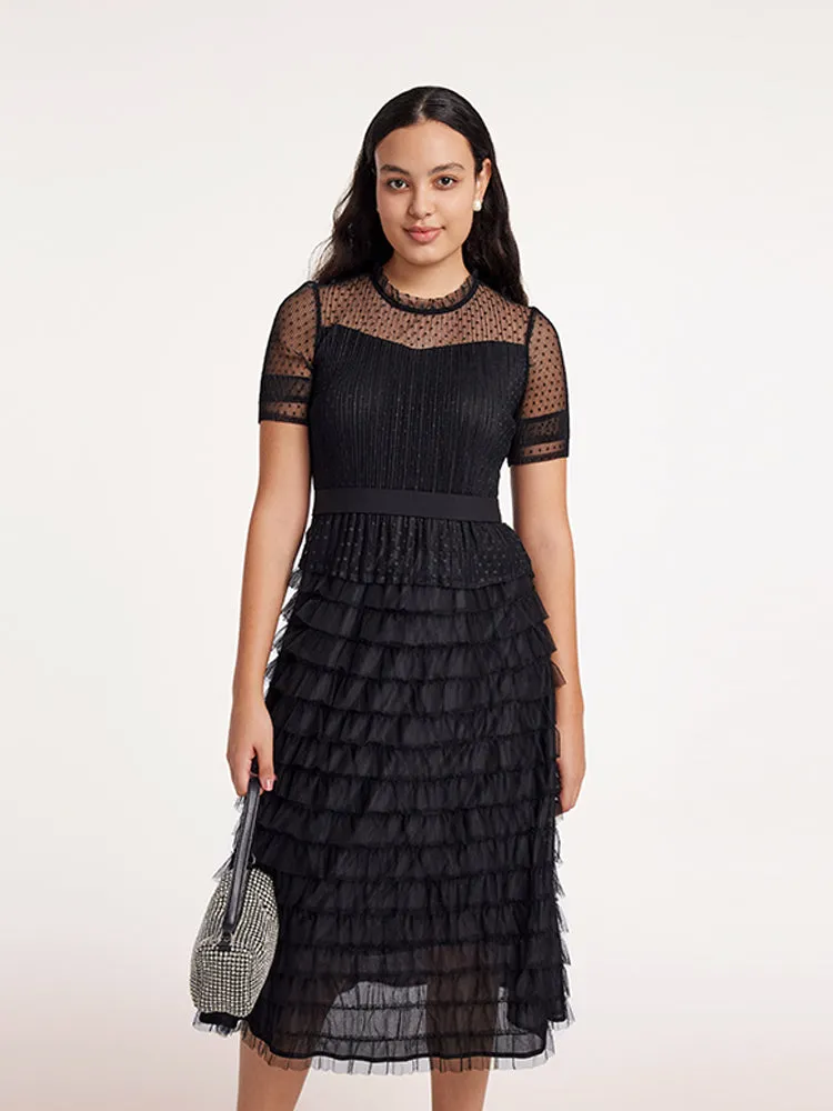 Short Sleeve Tulle Tiered Maxi Dress