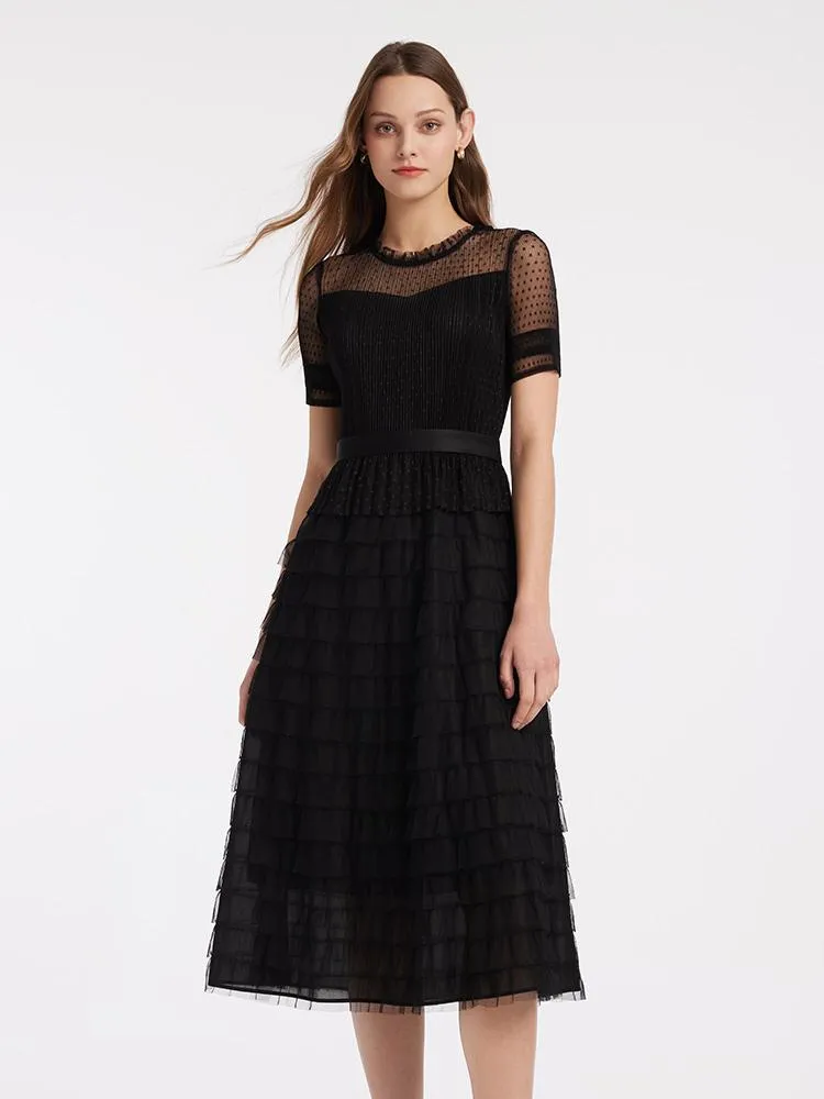 Short Sleeve Tulle Tiered Maxi Dress