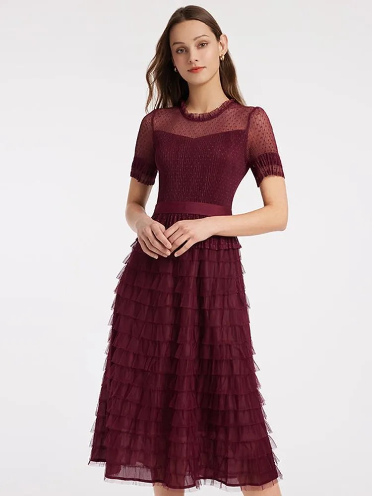 Short Sleeve Tulle Tiered Maxi Dress