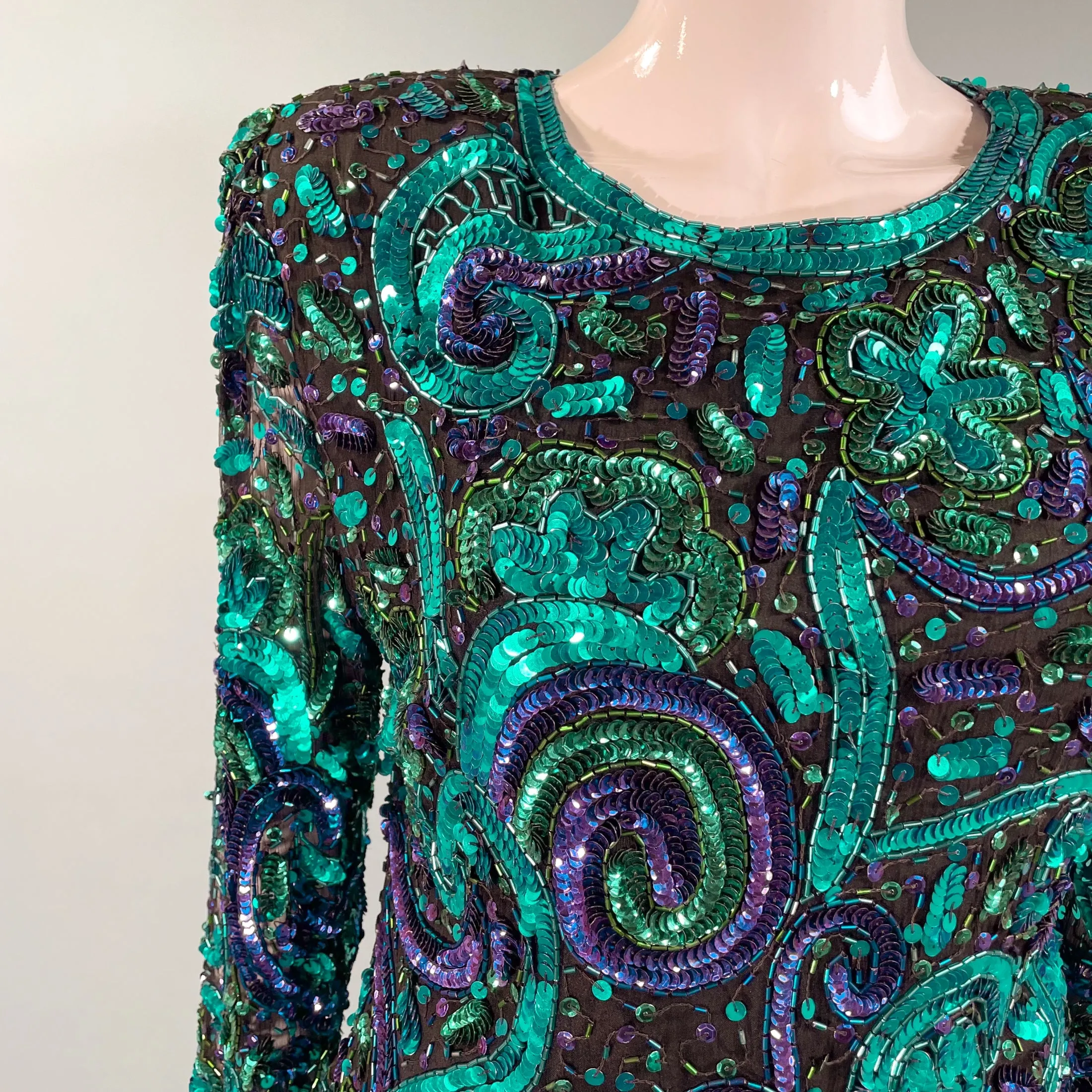 SOLD Vintage 80s Turquoise/Purple Sequin Beaded Top Laurence Kazar M