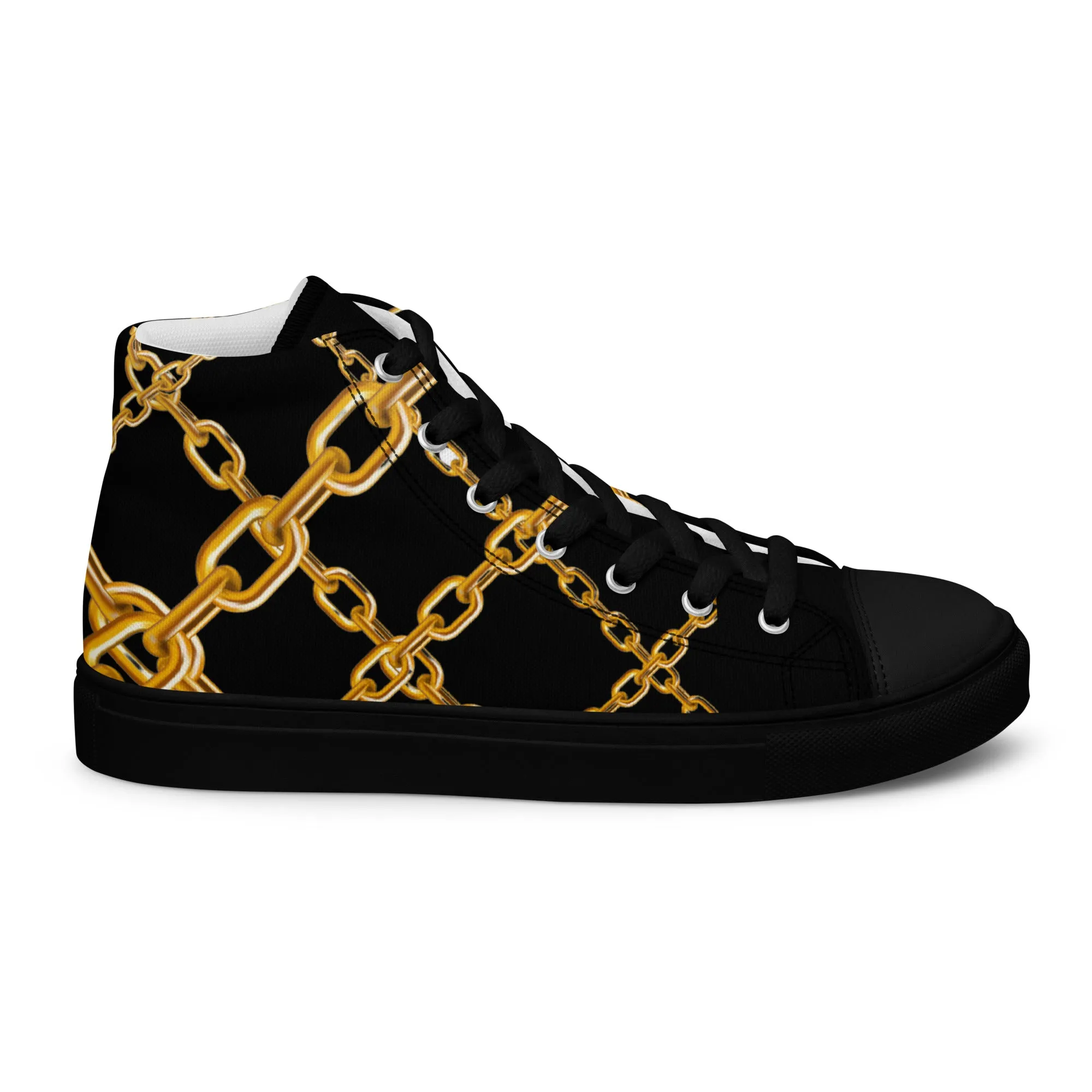 Steampunk Elegance: Black & Gold High Top Sneakers for Men - Unique Streetwear, Designer Canvas, Luxury Festival Footwear with Stylish Art Deco Chain Links