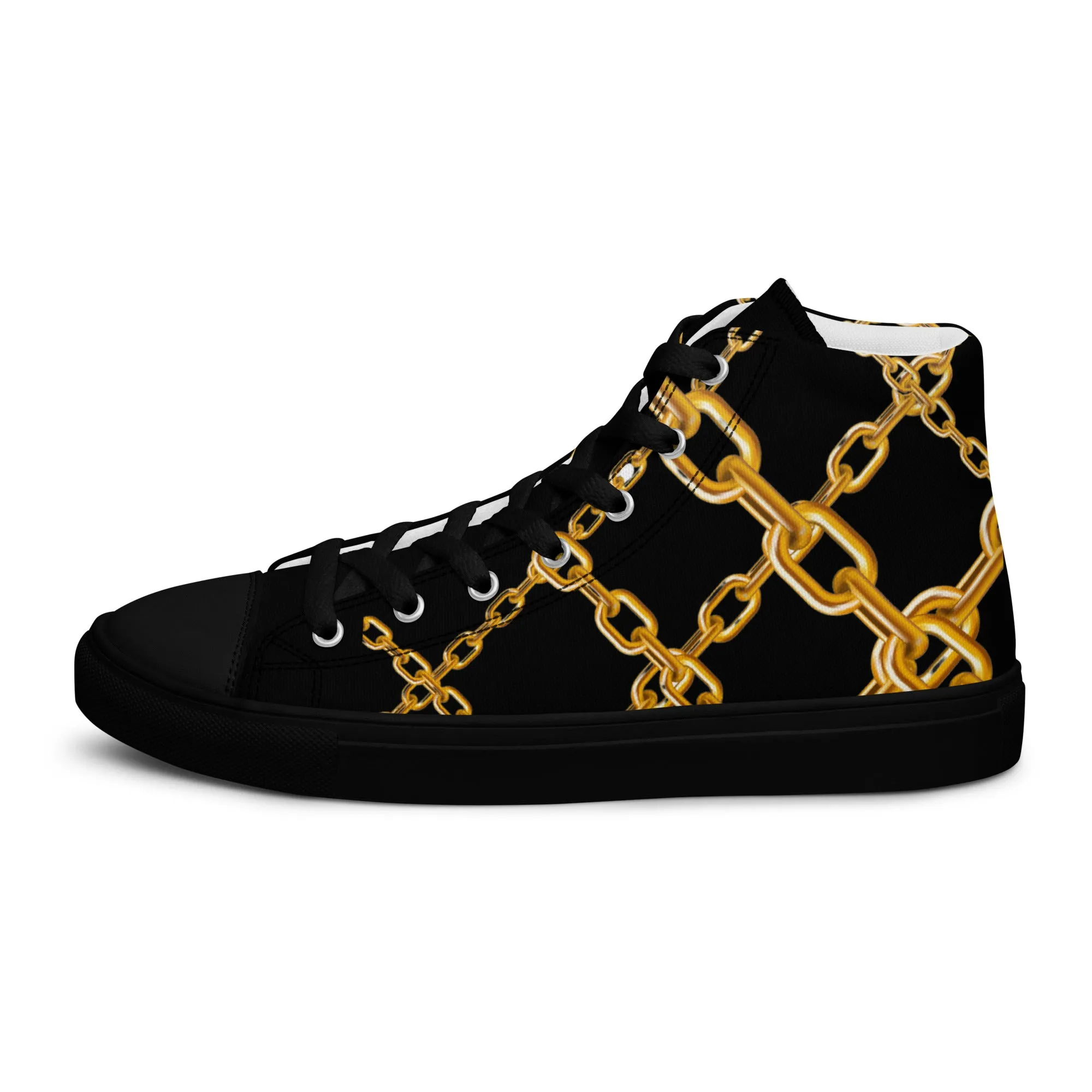 Steampunk Elegance: Black & Gold High Top Sneakers for Men - Unique Streetwear, Designer Canvas, Luxury Festival Footwear with Stylish Art Deco Chain Links