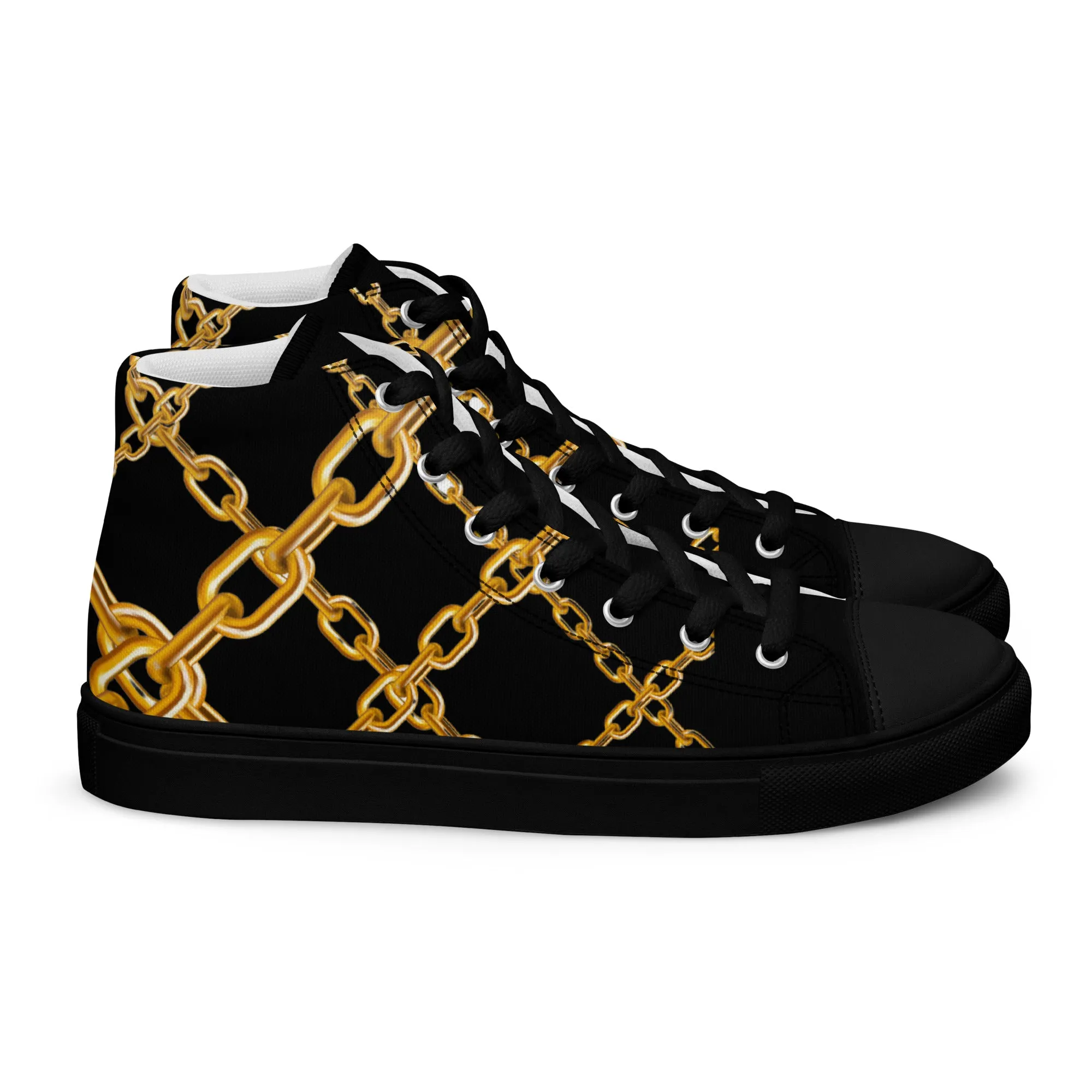 Steampunk Elegance: Black & Gold High Top Sneakers for Men - Unique Streetwear, Designer Canvas, Luxury Festival Footwear with Stylish Art Deco Chain Links