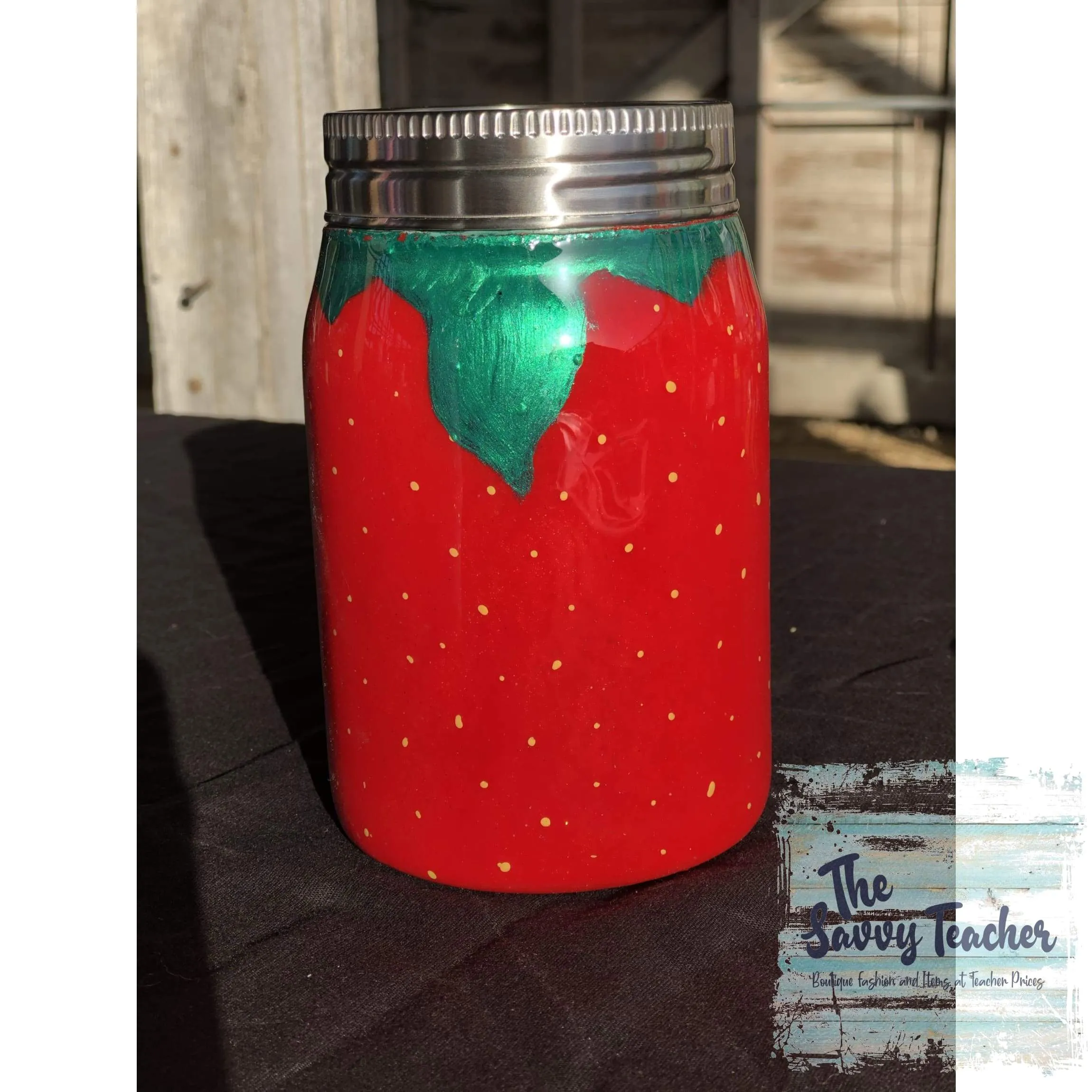 Strawberry Painted Mason Jar Tumbler