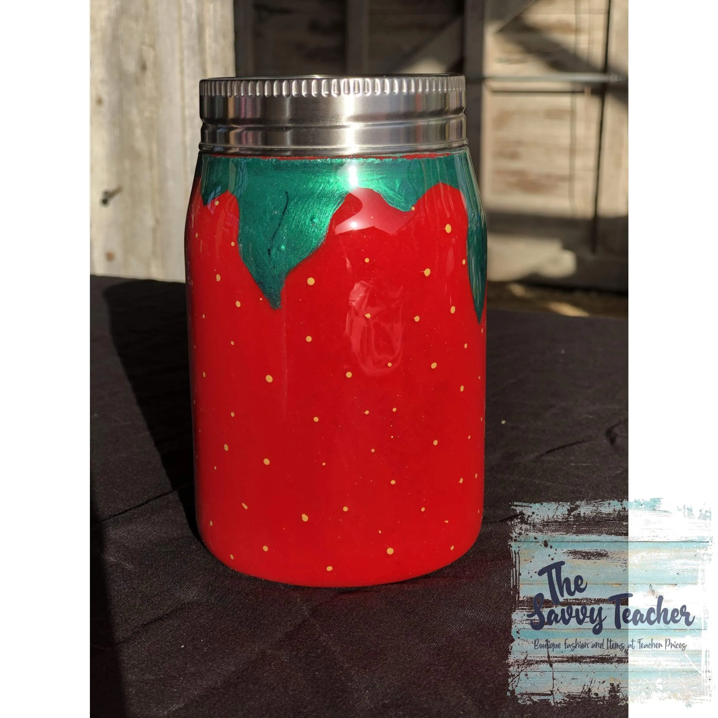 Strawberry Painted Mason Jar Tumbler