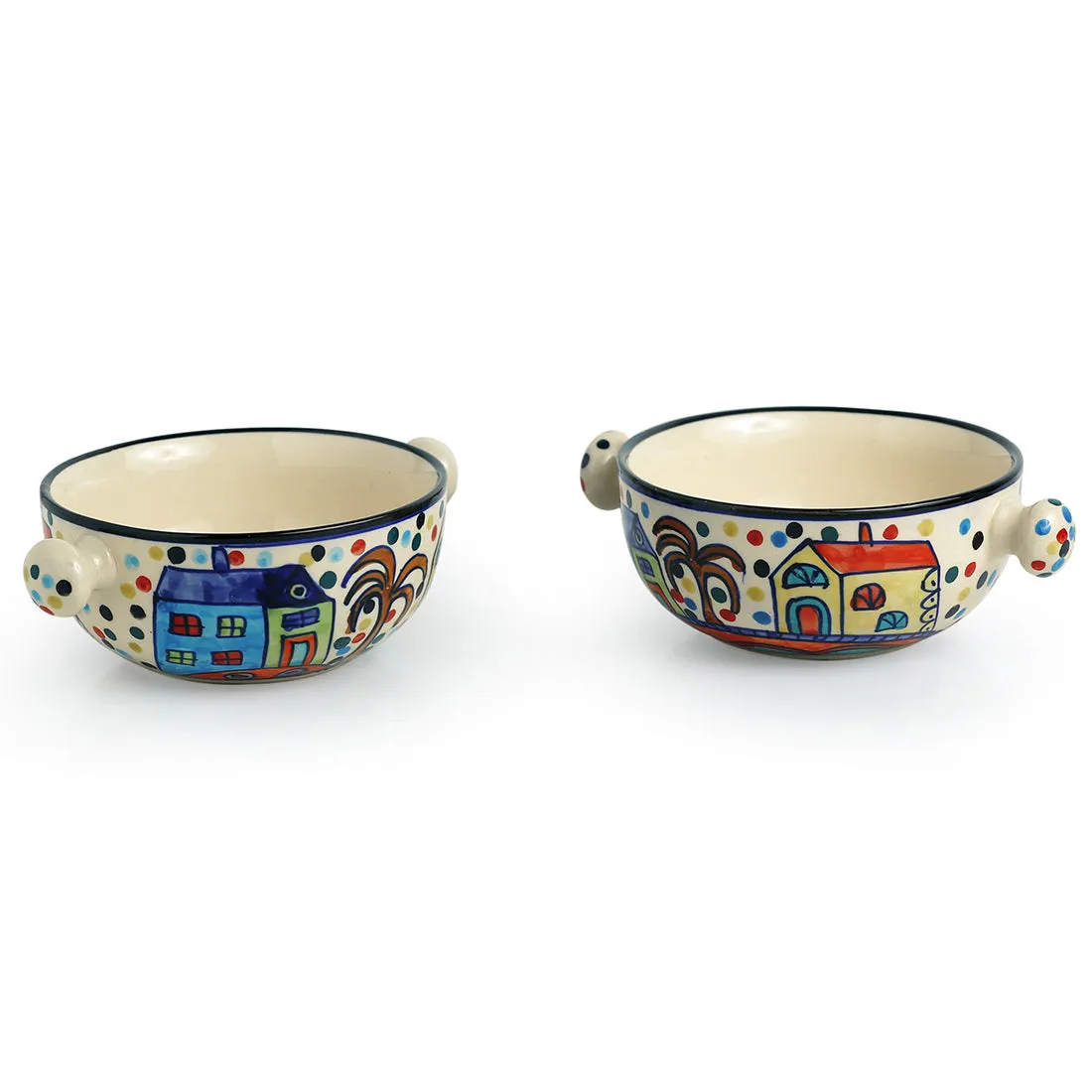 'The Hut Handled Bowls'' Handpainted Ceramic Bowls (Set Of 2)