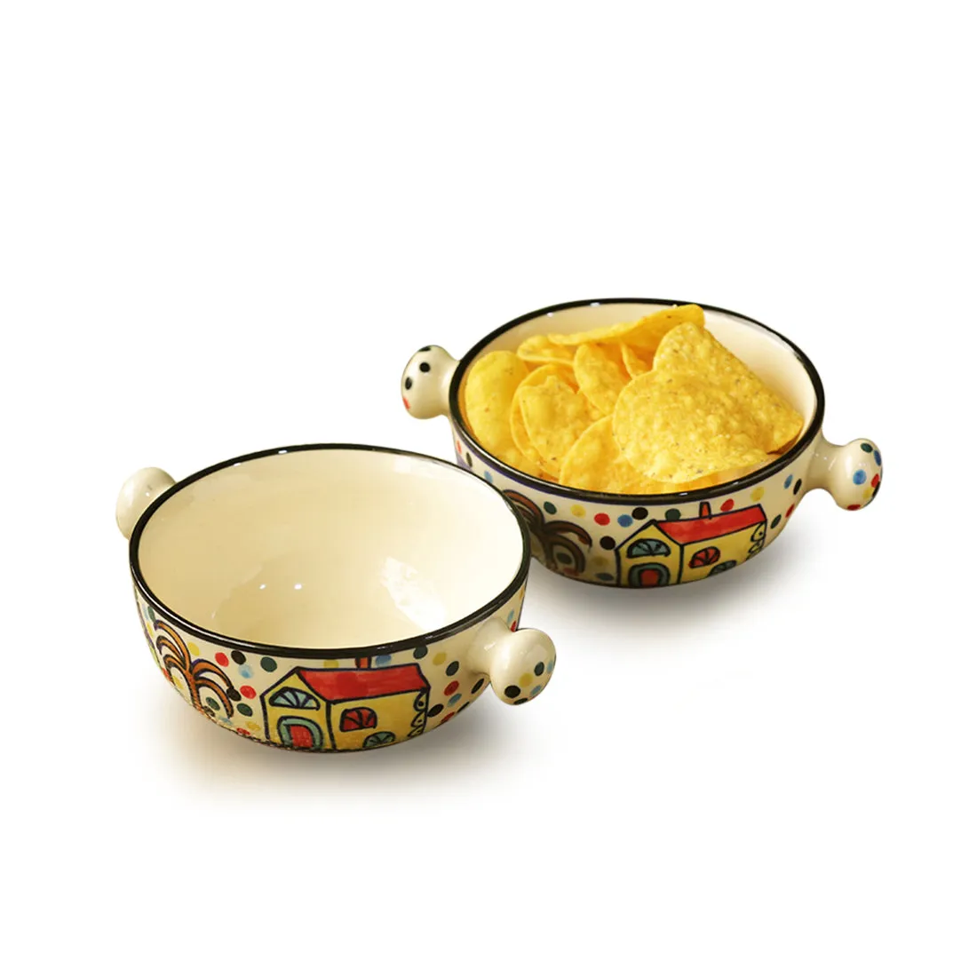 'The Hut Handled Bowls'' Handpainted Ceramic Bowls (Set Of 2)