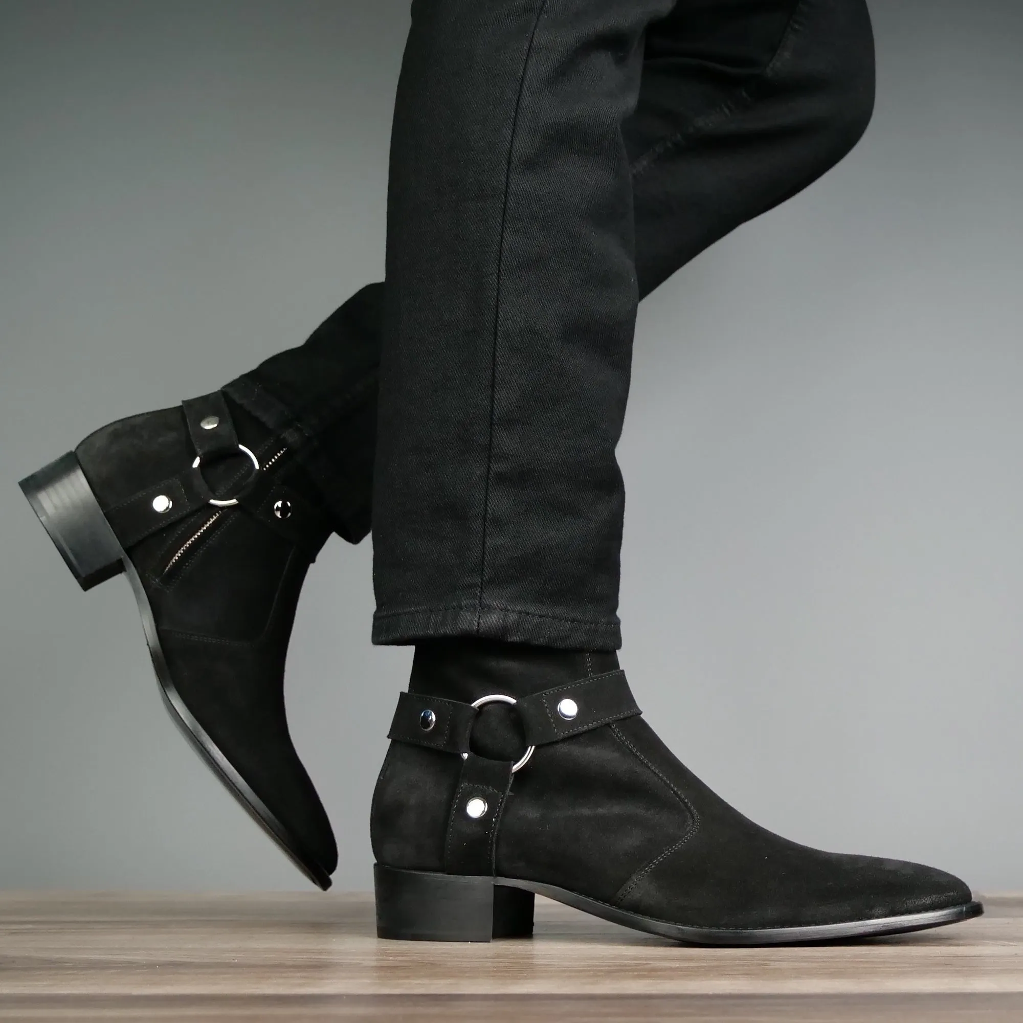 Vincent Harness Zip Boot Black Suede