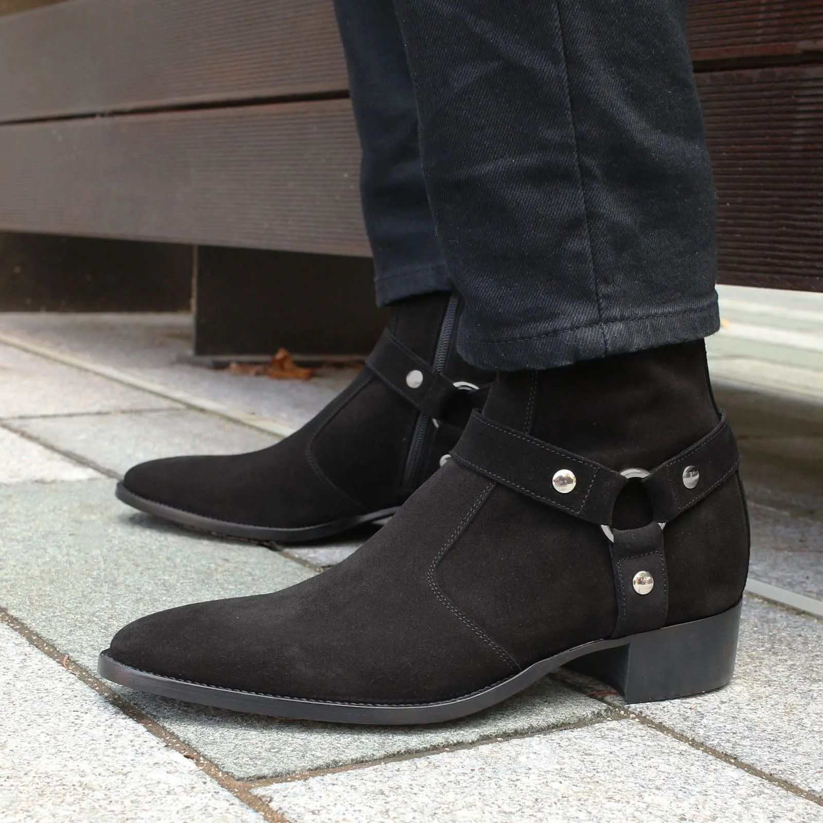 Vincent Harness Zip Boot Black Suede